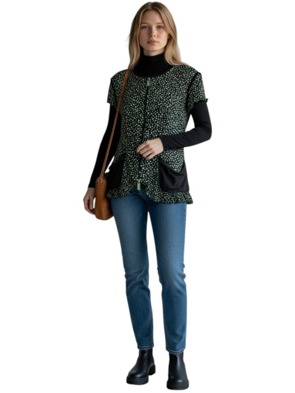 Joseph Ribkoff Womens Top Blouse 12 Green Polka Dot Sequins Full Zip Lagenlook